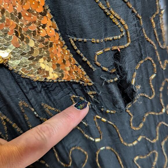 Vtg 1980s Black 100% Silk Gold Butterfly Sequin Embellished Sheath Dress Sz M - Picture 4 of 6